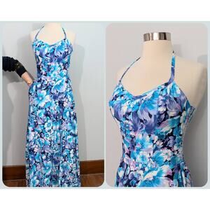 70s Blue/Periwinkle Floral Halter Maxi Dress